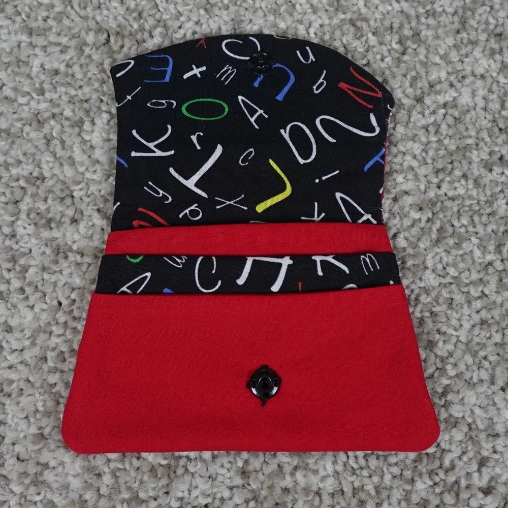 Handmade Red Fabric Pocket Wallet Alphabet Print Lining Snap Closure Pouch